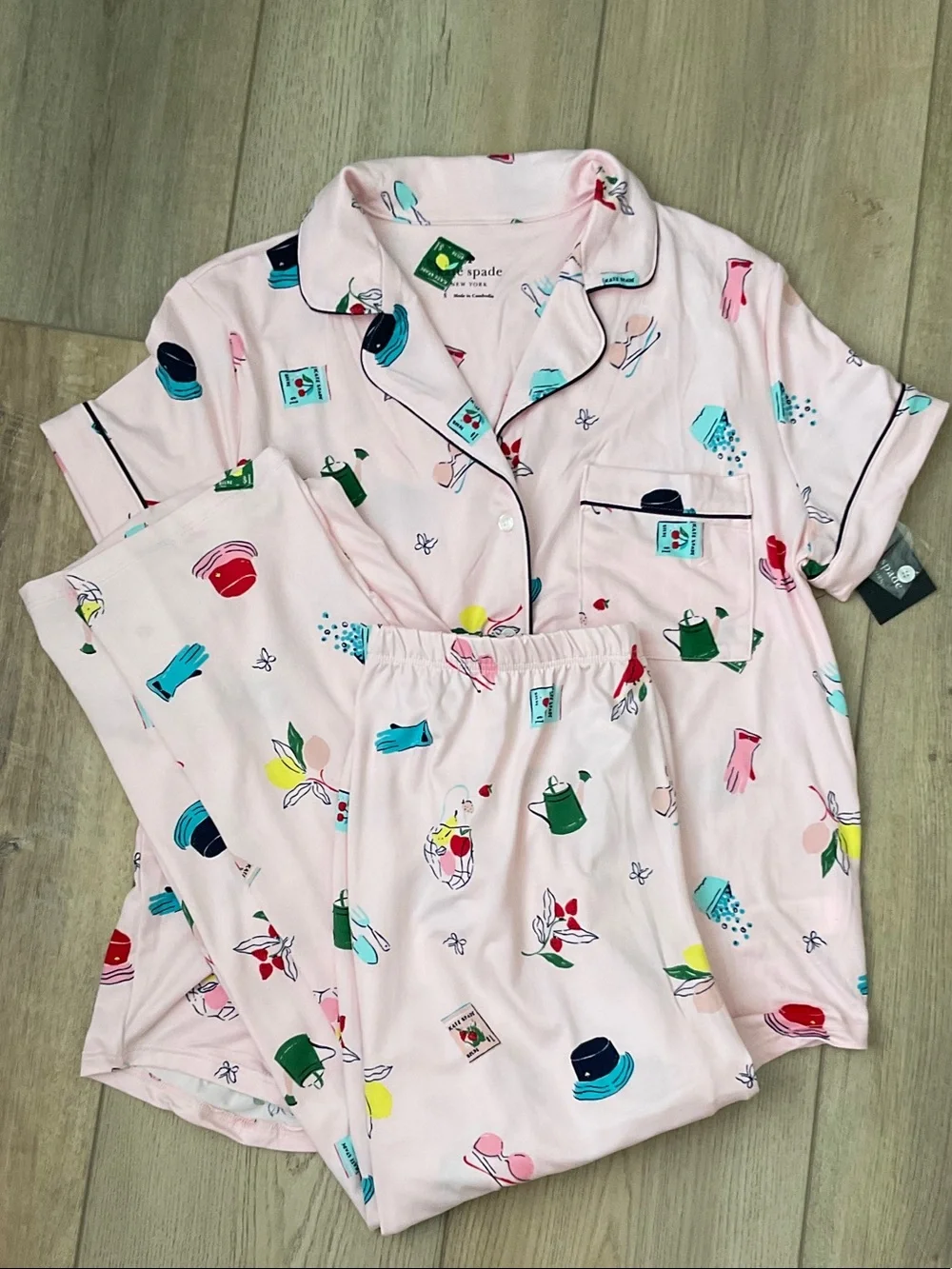 NWT Kate Spade Garden Print Short Sleeve Cropped Pajama Set Size S Pink